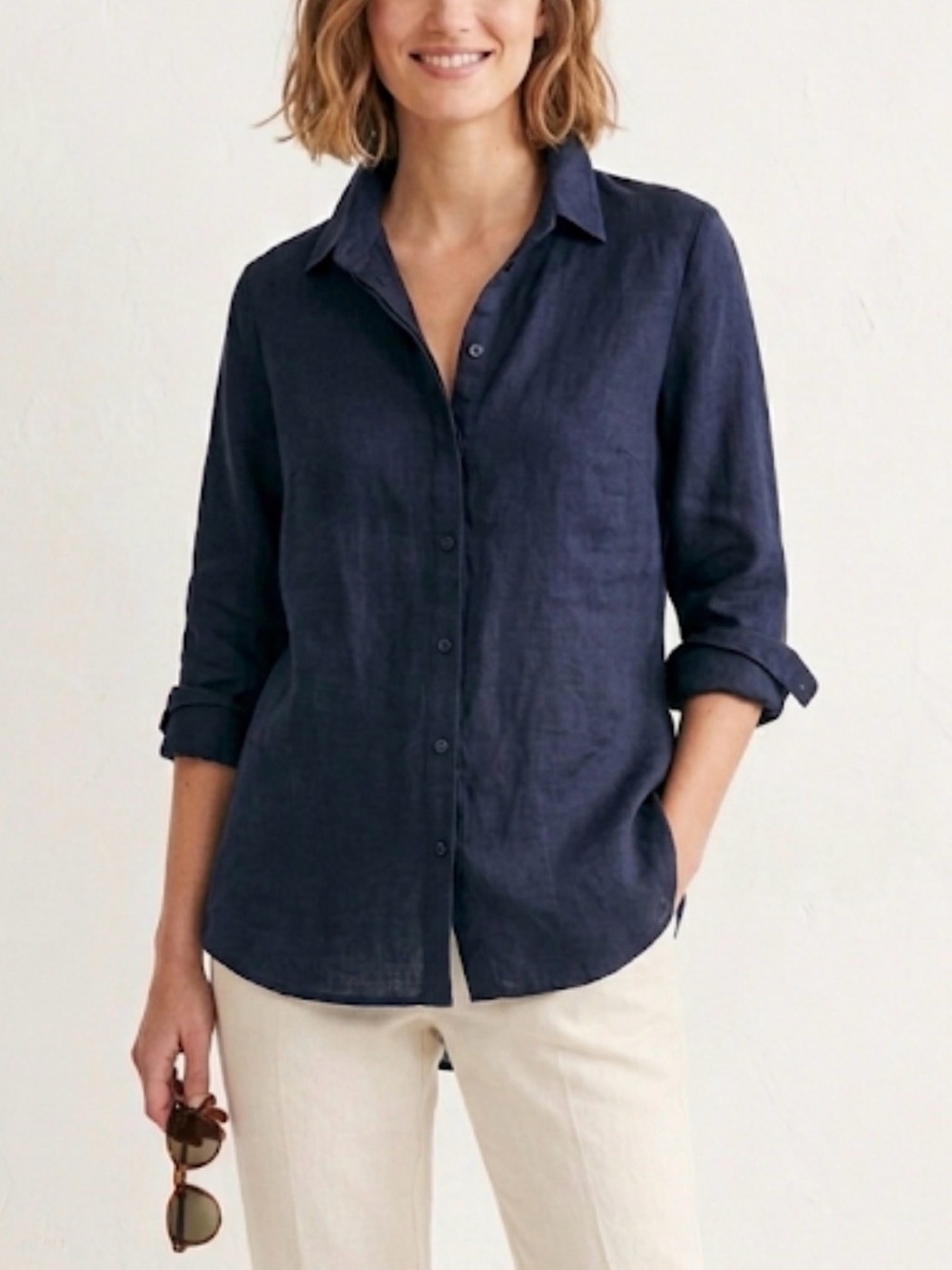 Boden Navy Blue 100% Linen Button Down Shirt Long Sleeve Blouse Top Classic